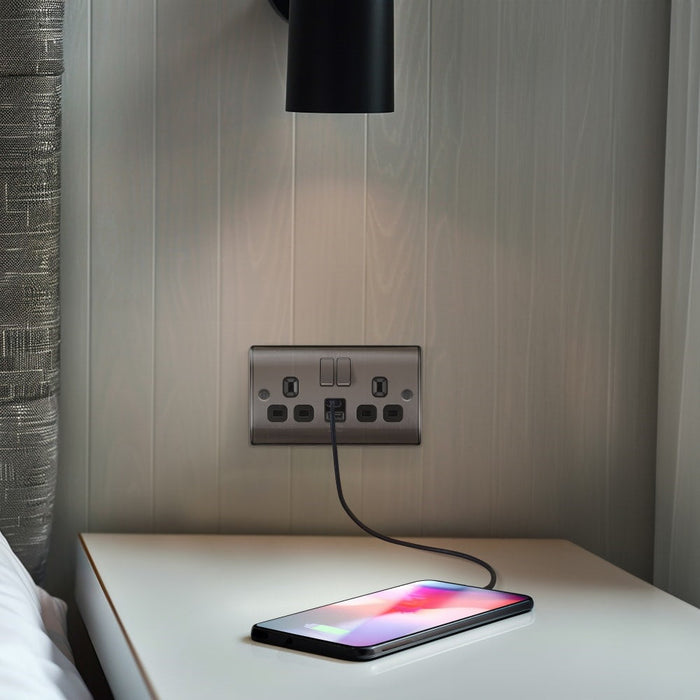 BG Nexus Metal Black Nickel 13A Double USB Socket with 12W A+C Ports NBN22UAC12B interior Available from RS Electrical Supplies