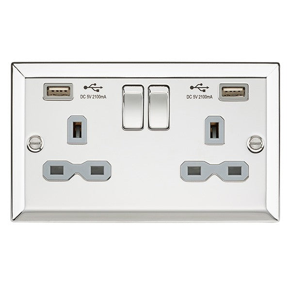 Knightsbridge Bevelled Edge Polished Chrome Double USB Socket CV92PCG