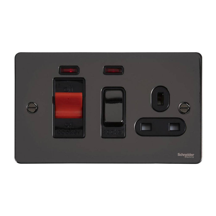 Schneider Ultimate Flat Plate Black Nickel 45A Cooker Switch with 13A Socket GU4201BBN