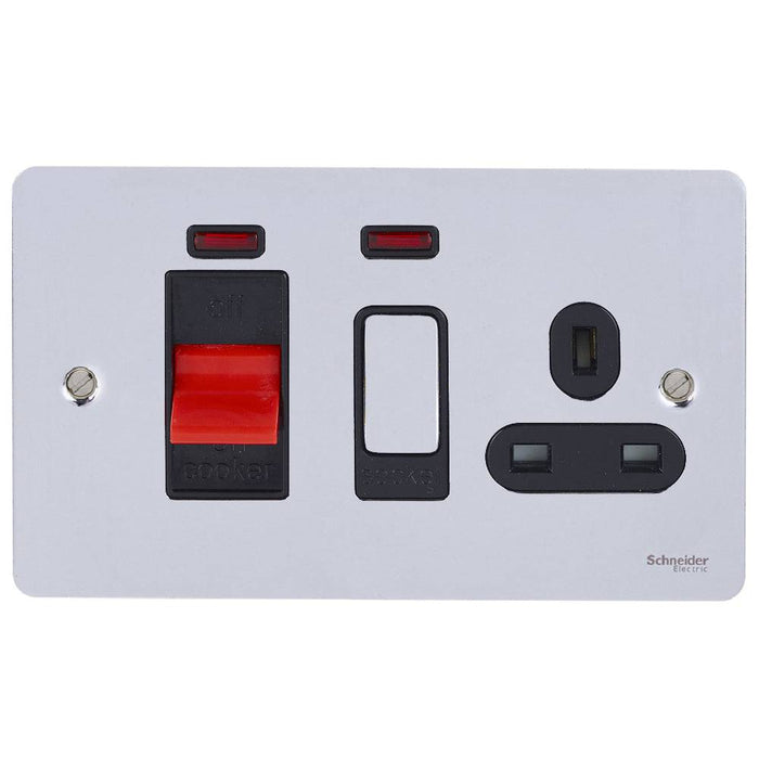 Schneider Ultimate Flat Plate Polished Chrome 45A Cooker Switch with 13A Socket GU4201BPC