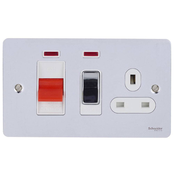 Schneider Ultimate Flat Plate Polished Chrome 45A Cooker Switch with 13A Socket GU4201WPC