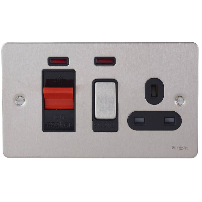Schneider Ultimate Flat Plate Stainless Steel 45A Cooker Switch with 13A Socket GU4201BSS
