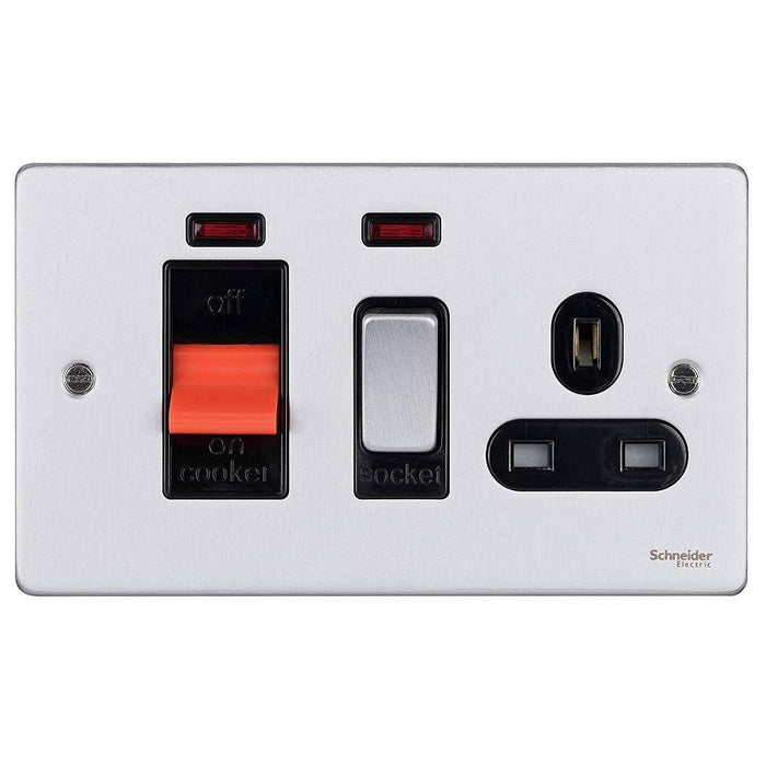 Schneider Ultimate Low Profile Brushed Chrome 45A Cooker Switch with 13A Socket GU4501BBC
