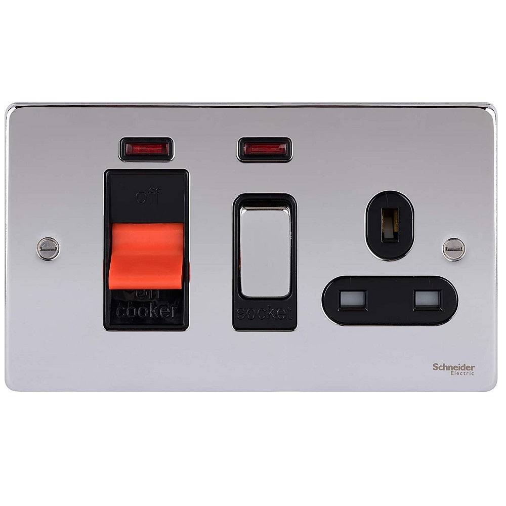Schneider Ultimate Low Profile Polished Chrome 45A Cooker Switch with 13A Socket GU4501BPC RS