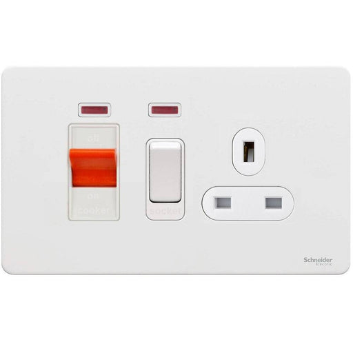 Schneider Ultimate Screwless White Metal 45A Cooker Switch with 13A Socket GU4401WPW Available from RS Electrical Supplies