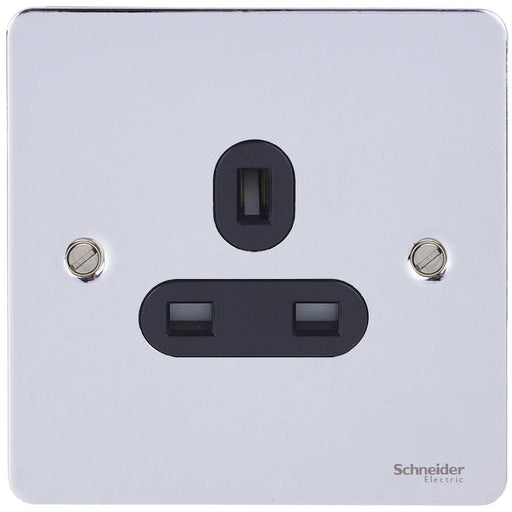 Schneider Ultimate Flat Plate Polished Chrome 13A Single Unswitched Socket GU3250BPCAvailable from RS Electrical Supplies