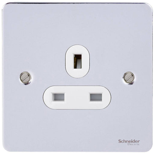 Schneider Ultimate Flat Plate Polished Chrome 13A Single Unswitched Socket GU3250WPCAvailable from RS Electrical Supplies
