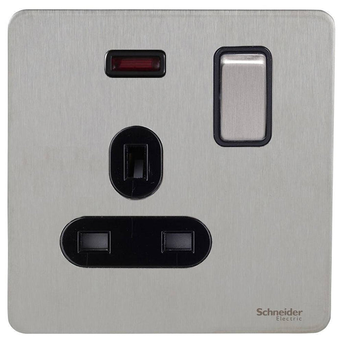 Schneider Ultimate Screwless Stainless Steel 13A DP Single Socket with Neon GU3411DBSS