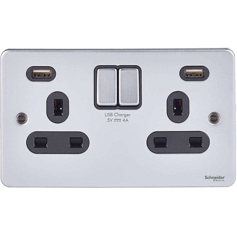 Schneider Ultimate Low Profile Brushed Chrome 13A Double USB Socket ...