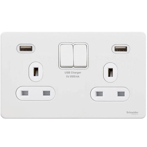 Schneider Ultimate Screwless White Metal 13A Double USB Socket GGBGU3424DWPW Available from RS Electrical Supplies